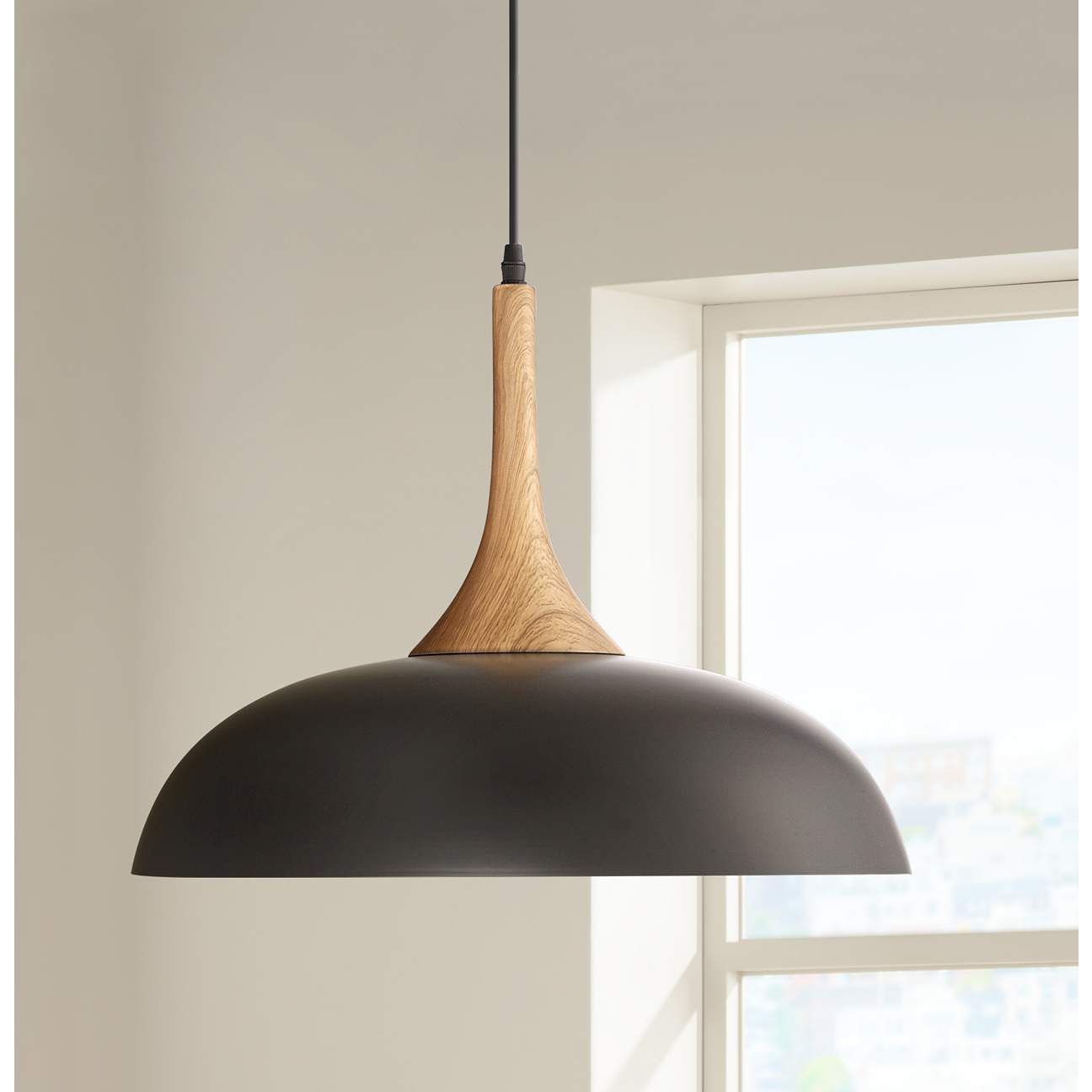 Felton Black Aluminum and Wood 17 3/4" Wide Pendant | Lamps Plus