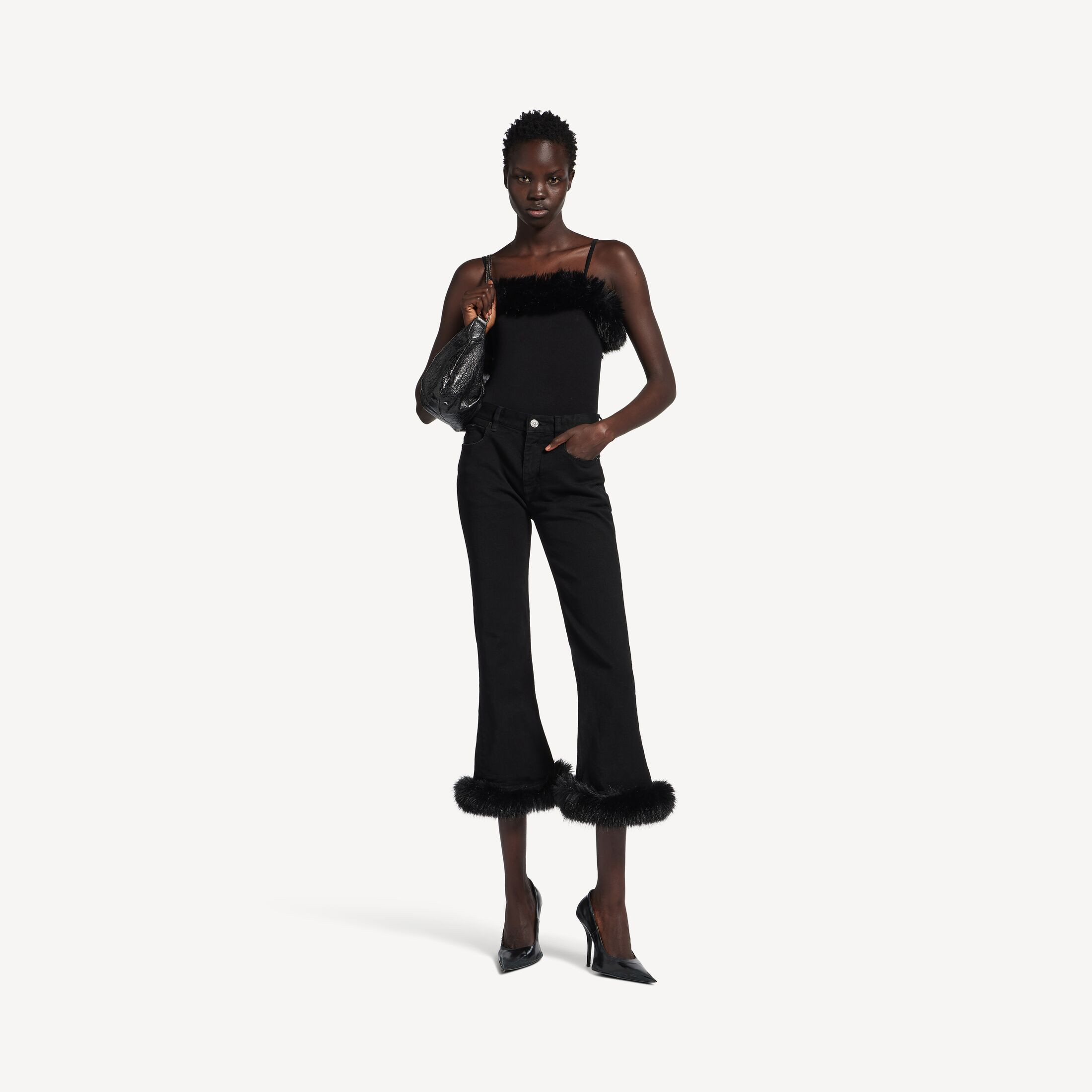Women's Fur Trim Flared Capri Pants in Black | Balenciaga US | Balenciaga