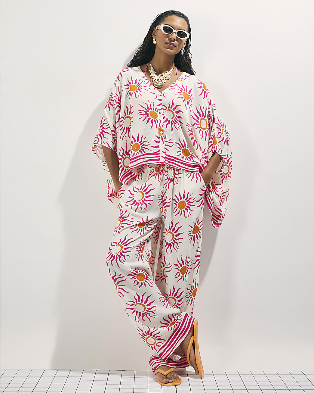 White Sun Print Wide Leg Beach Trousers | River Island UK & IE