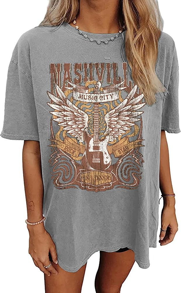Oversized Rock Band T-Shirt Women Country Music Shirt Tops Nashville Music City Tshirt Vintage Gu... | Amazon (US)