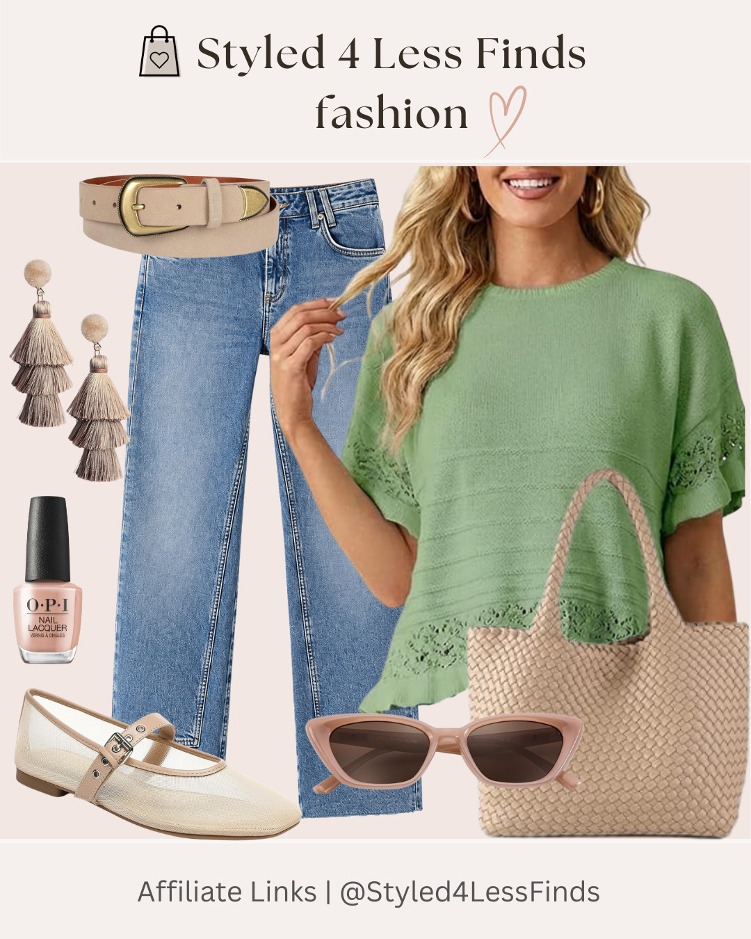 A fresh, feminine take on everyday denim! 💚 This pretty green knit top paired with classic straight-leg jeans is such an easy outfit for late summer. Add neutral accessories like a woven tote, ballet flats, a belt and oversized sunglasses to keep the look polished and effortless. ✨

Style tip: Keep your base neutral and let one soft colour—like this beautiful green—be the star of the outfit. It makes a simple denim look feel instantly elevated! 

 #LTKcanada #LTKjeans #LTKover50style