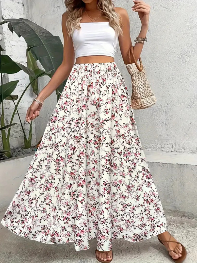 Floral Print A-line Skirt - Elegant and Sophisticated Design with Stretchy Elastic High Waistband... | Temu Affiliate Program