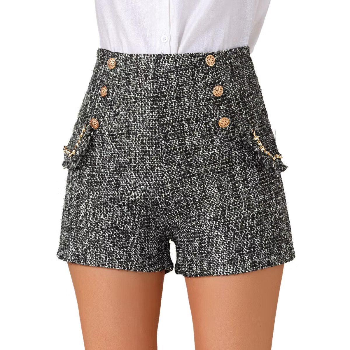 INSPIRE CHIC Women's Plaid Tweed High Waisted Wide Leg Button Decor Elegant Shorts Black Small | Target