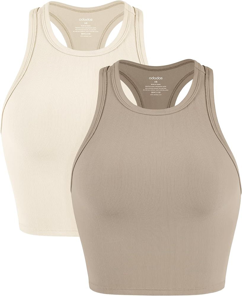 ODODOS Women's Crop 2-Pack Racerback High Neck Ribbed Cropped Tank Tops | Amazon (US)
