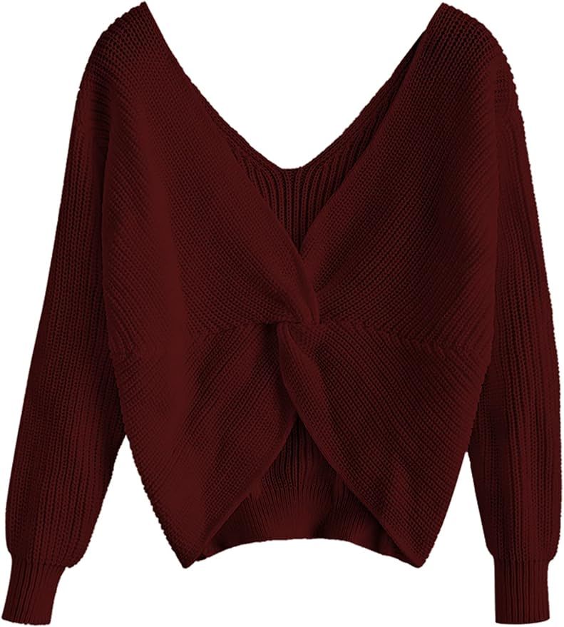 ZAFUL Women's Criss Cross Sweaters Twisted Back Pullover Knitted Cropped Sweater Jumper | Amazon (US)