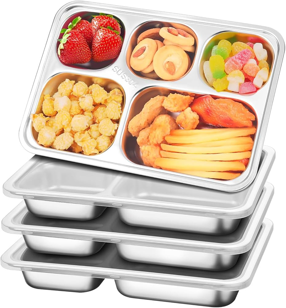 Dualshine 4 Pack Stainless Steel Snack Containers Metal Bento Box with Lids 5 Compartments Bento ... | Amazon (US)