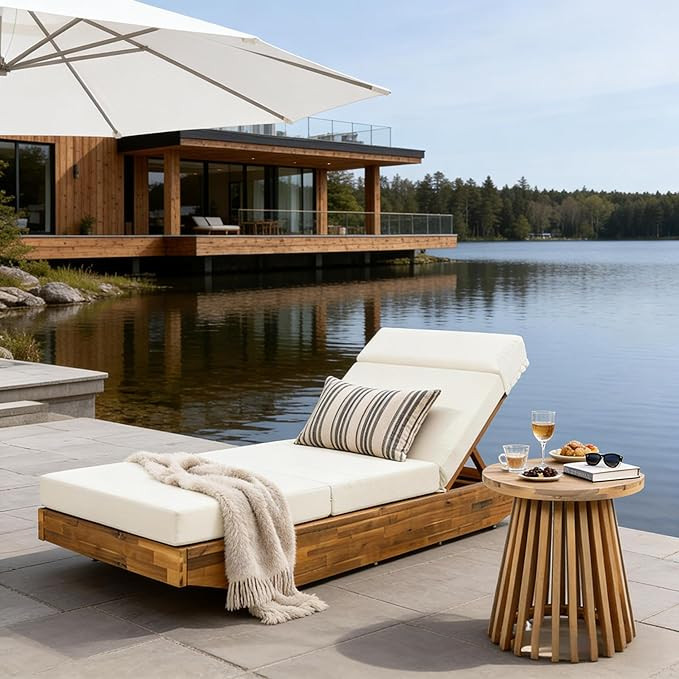 Modern Acacia Wood Outdoor Chaise Lounge with Dark Gray Water-Repellent Cushion & Integrated Head... | Amazon (US)