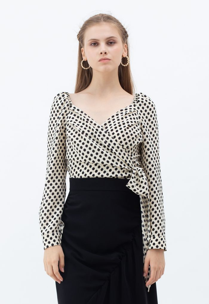 Spotted Tie Waist Wrap Crop Top in Cream | Chicwish