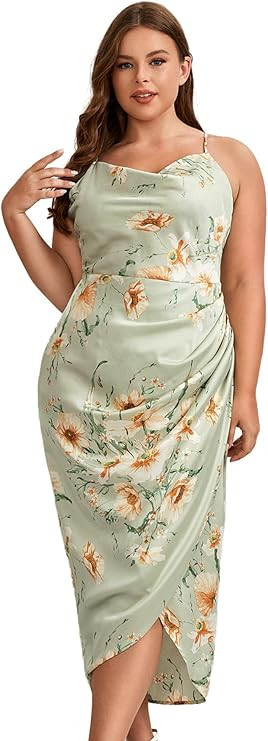 Floerns Women's Plus Size Satin Spaghetti Strap Cowl Neck Wrap Party Cami Dress | Amazon (US)