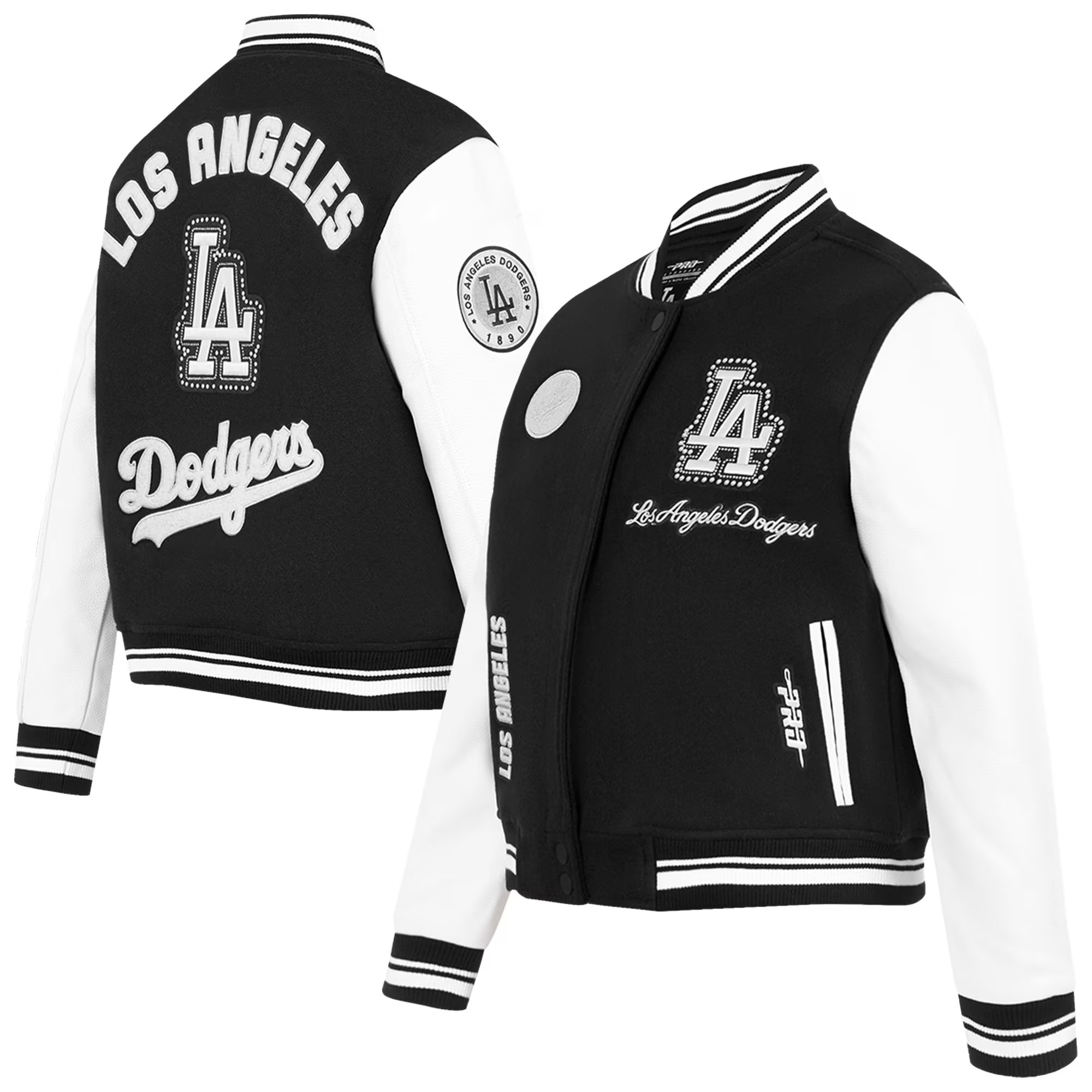 Women's Los Angeles Dodgers Pro Standard Black Pearls Rib Wool Full-Zip Varsity Jacket | MLB Shop