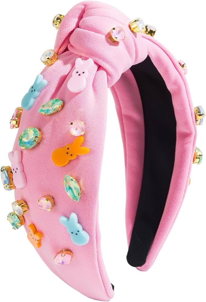 Easter Headband for Women,Easter Bunny Jeweled Knotted Headband,Wide Top Knot Hairband,Embellishe... | Amazon (US)