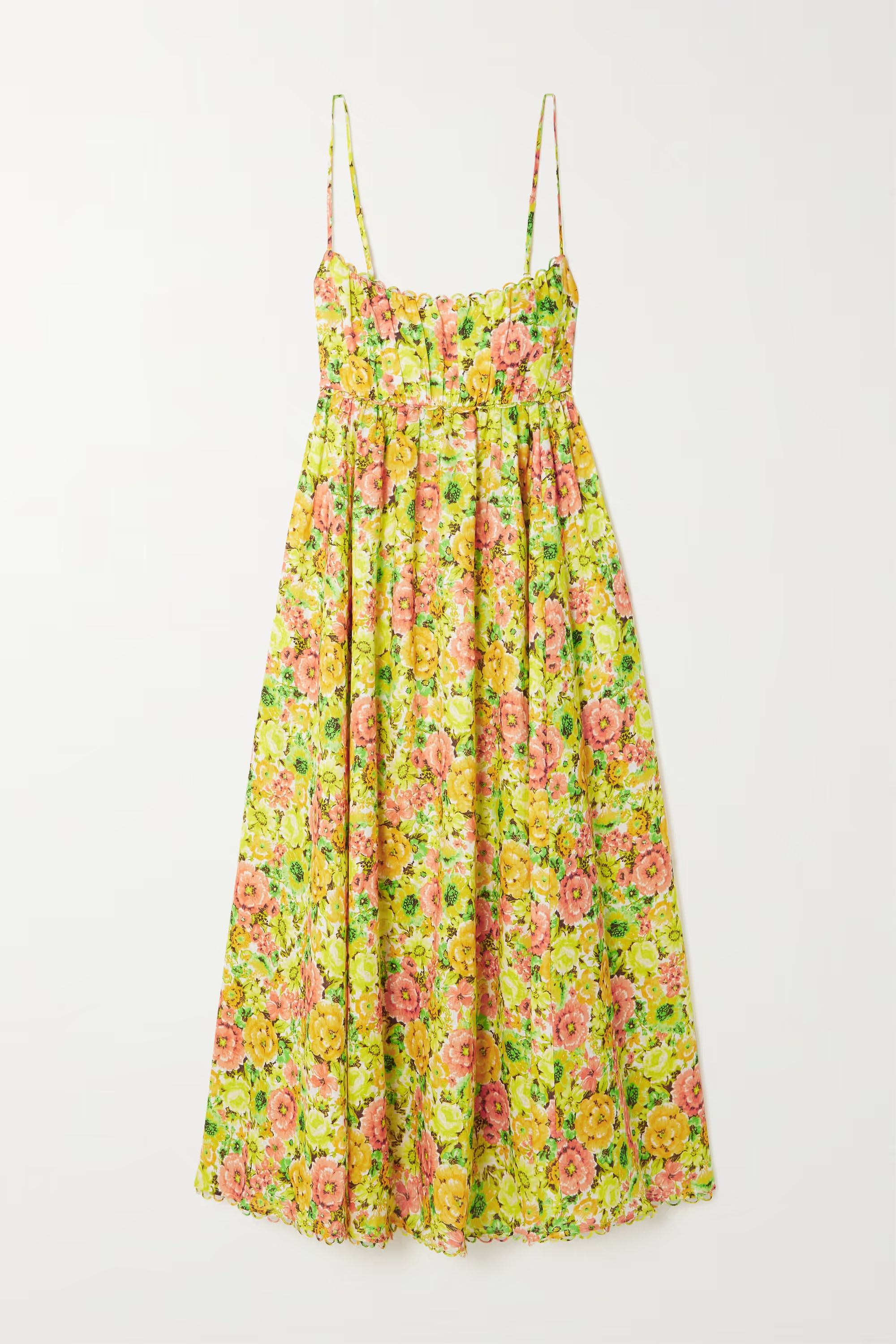 + NET SUSTAIN scalloped pleated floral-print organic linen midi dress | NET-A-PORTER (UK & EU)