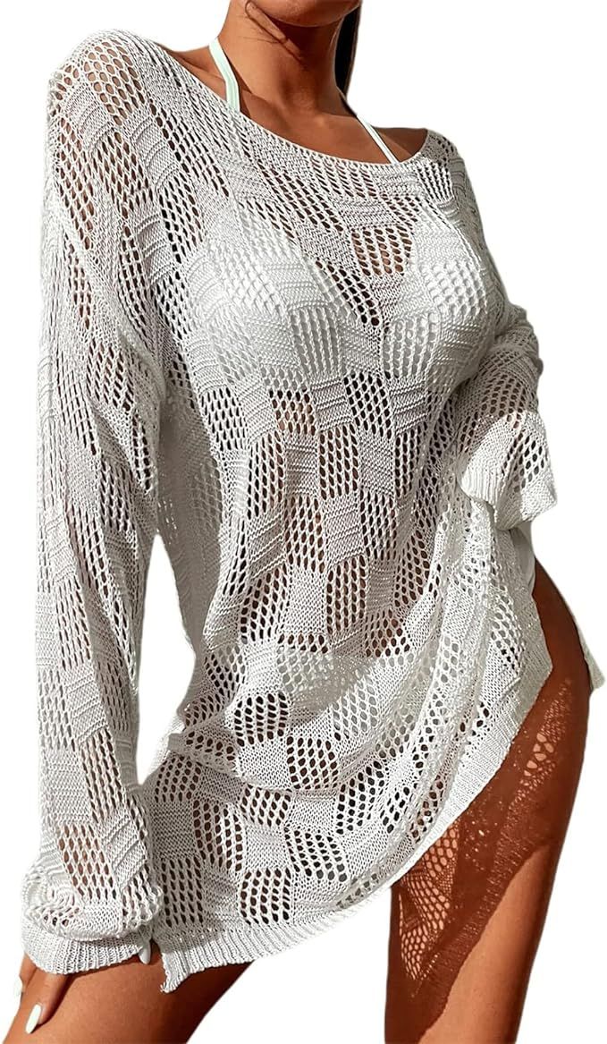 Women Crochet Hollow Out Bikini Coverup Split Hem Beach Swimsuit Bikini Cover Up | Amazon (US)
