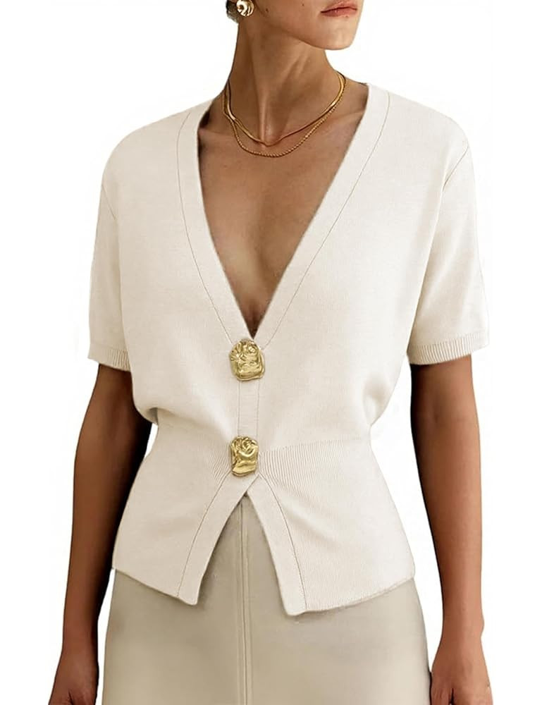 Hooever Women Deep V Neck Sweater Gold Button Down Knit Tops Summer Trendy Pullover Tops | Amazon (US)