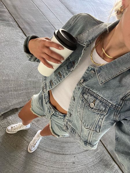 Denim on denim outfits, jean shorts, jean jacket, light wash denim outfit, casual spring outfit, spring fashion 2023, spring fashion trends, high top converse, platform converse