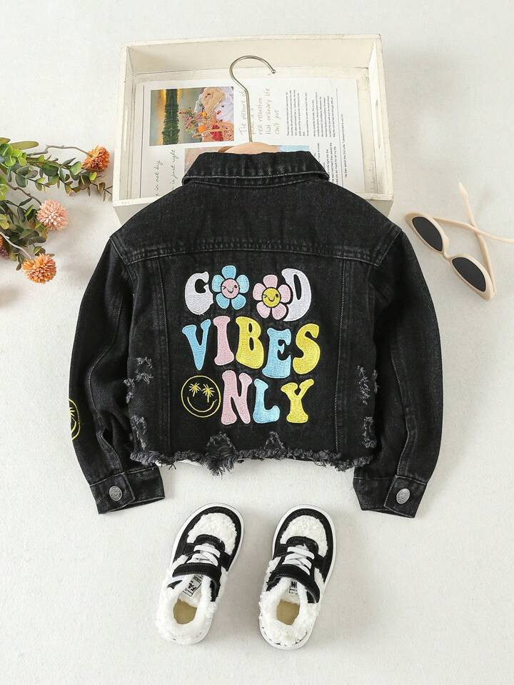 Young Girl Slogan & Cartoon Embroidery Ripped Raw Hem Denim Jacket | SHEIN USA | SHEIN