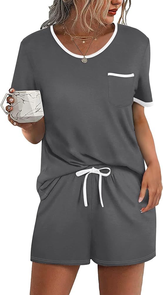 Ekouaer Pajama Set for Women 2 Piece Lounge Set Short Sleeve Tops and Shorts Soft Sleepwear, Ches... | Amazon (US)