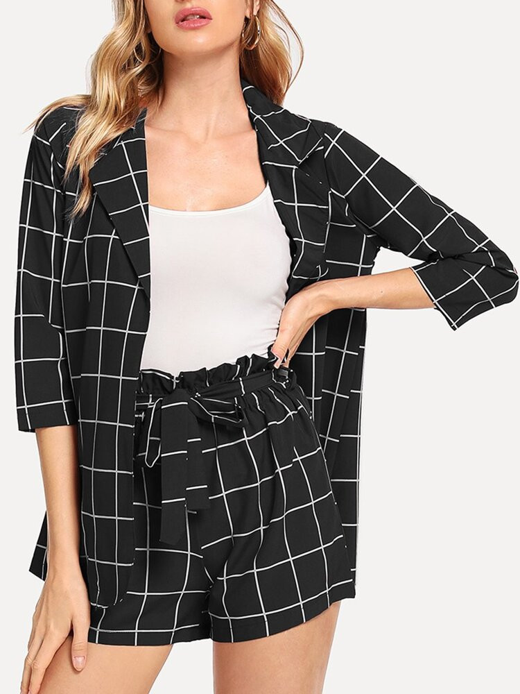 Plaid Blazer With Self Tie Waist Shorts | SHEIN