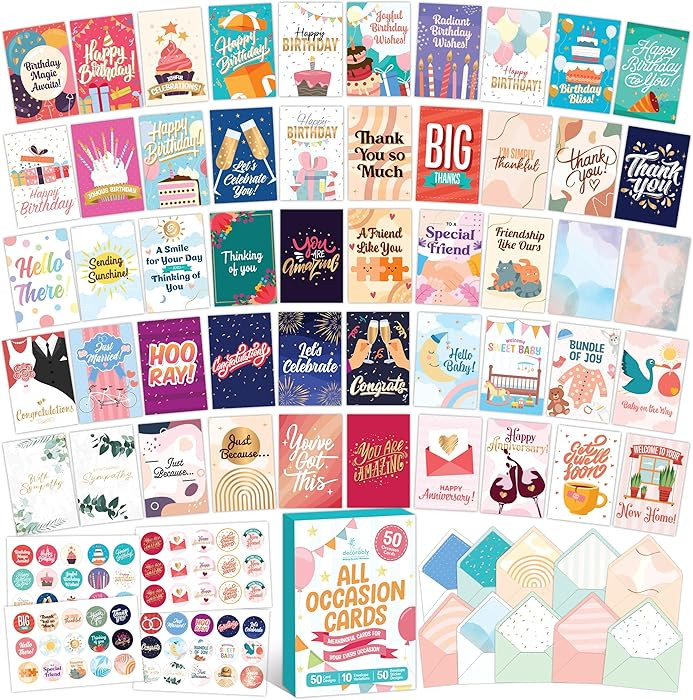 Decorably 50 Pack Gold Foiled & Glittery 5x7in All Occasion Cards Assortment Box with Envelopes &... | Amazon (US)