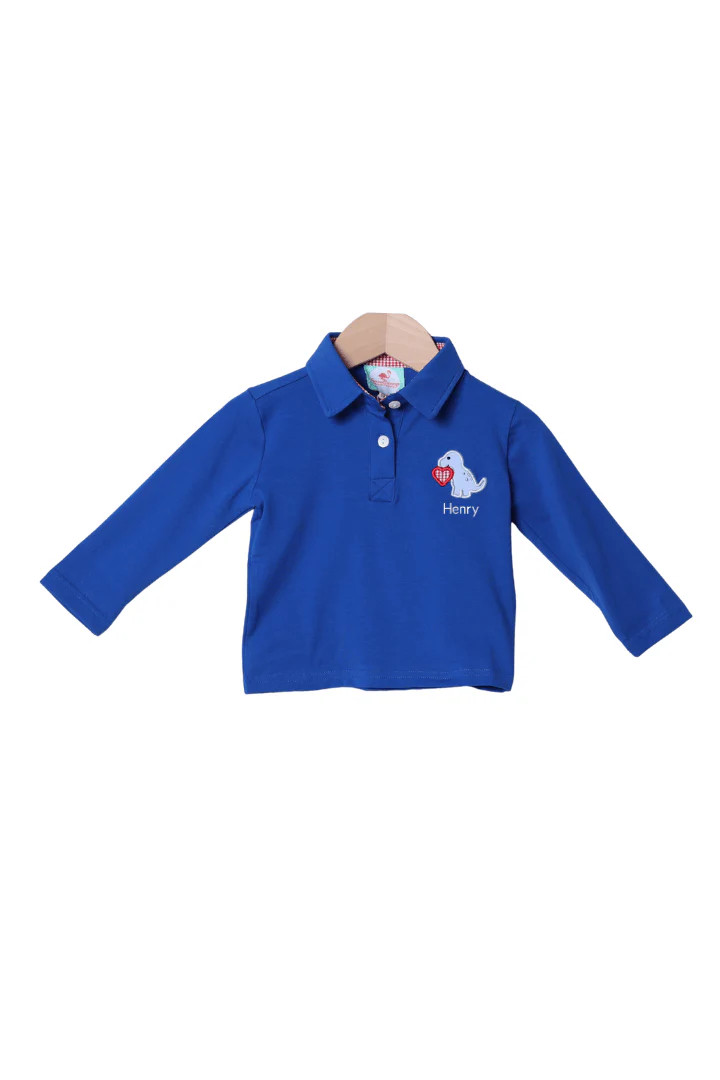Applique Dino Love Blue Polo Shirt | The Smocked Flamingo