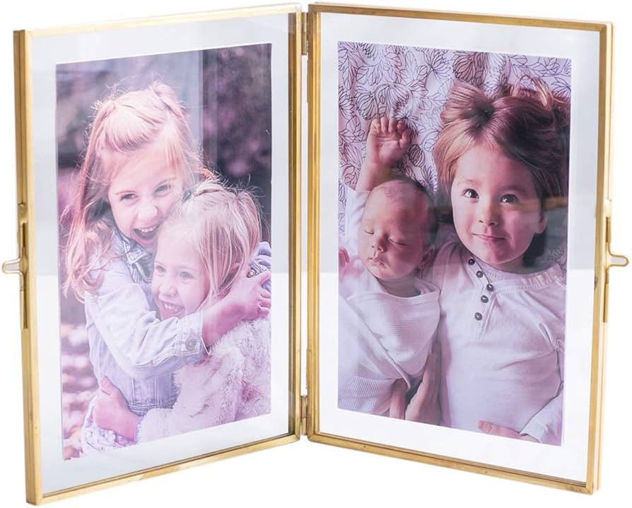 Double Picture Frames Gold Double Pictures Frame with Pressed Glass Photo Frame, Brass (5 x 7”) | Amazon (US)