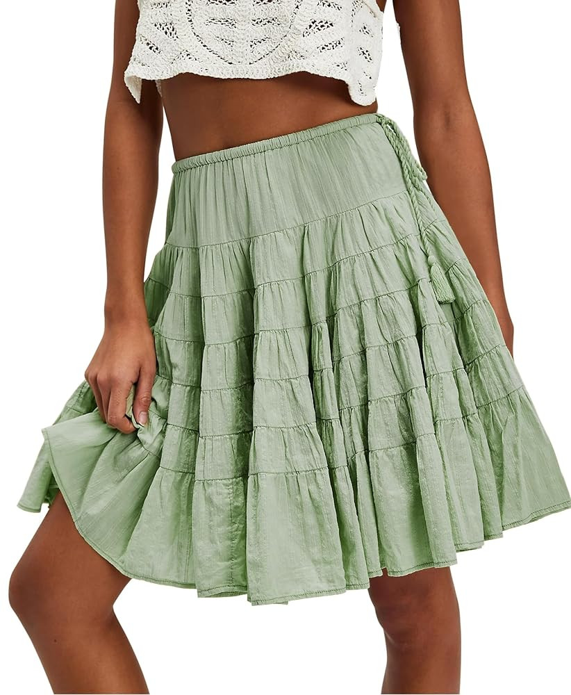 Womens Tiered Boho Pleated Drawstring Waist Knee Length Flowy Midi Short Skirts | Amazon (US)