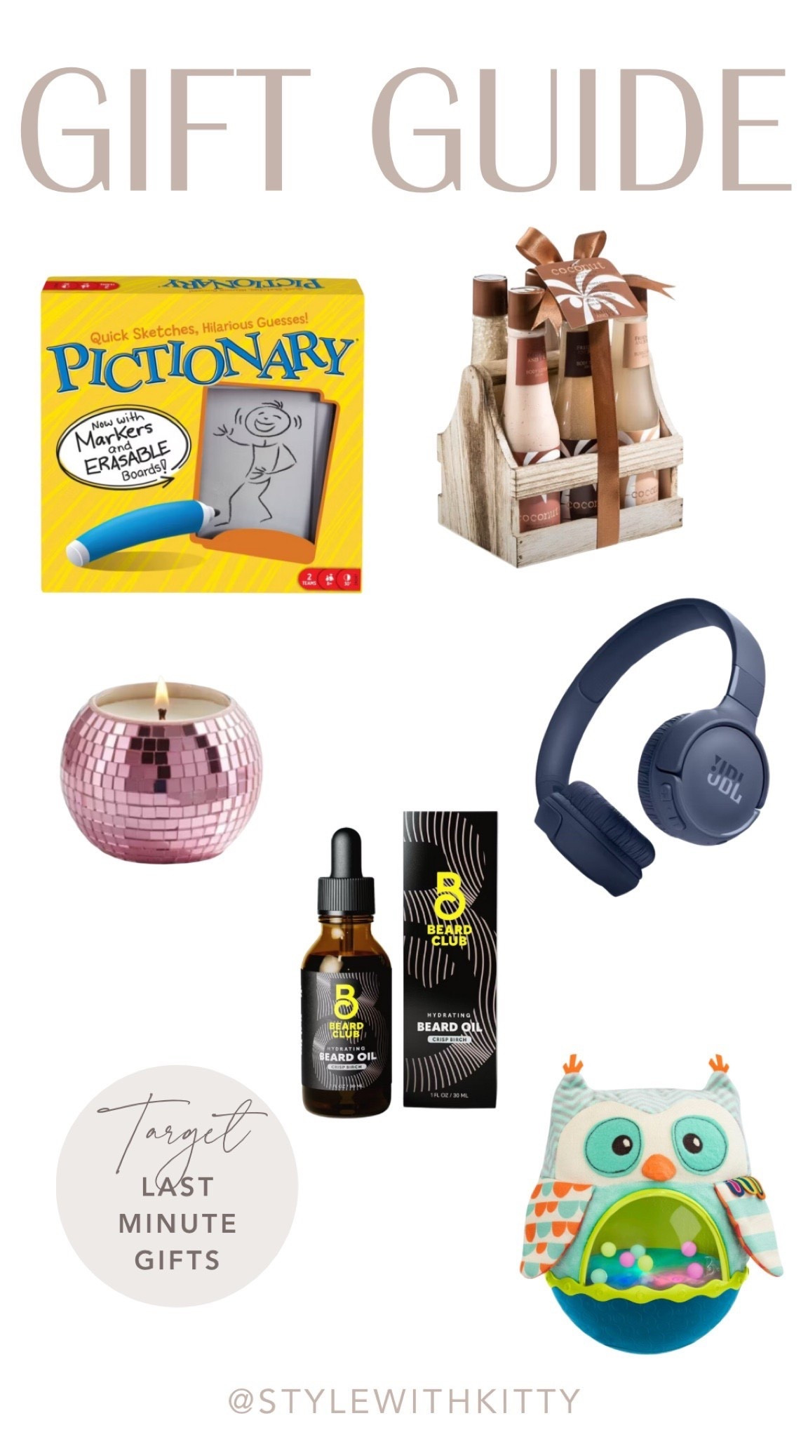 Last-minute gifts that still feel thoughtful 🎯🎁
If you’re short on time but want to win at gifting, this Target gift guide has something for everyone — from family game night to cozy vibes, tech lovers, self-care, and even the littles.

✨ WHAT’S INCLUDED:
• Pictionary family board game
• Hot cocoa gift set
• Pink disco ball candle
• JBL wireless headphones
• Beard Club beard oil
• Sensory owl baby toy

@stylewithkitty

#TargetFinds #TargetGifts #LastMinuteGifts #GiftGuide
#PictionaryGame #FamilyGameNight
#HotCocoaSet #CozyGifts
#DiscoBallCandle #HomeFragrance
#JBLHeadphones #WirelessHeadphones
#BeardClub #BeardOil
#BabySensoryToy #BabyGiftIdeas
#HolidayGifts #LTKGifts #stylewithkitty


#LTKFindsUnder50 #LTKGiftGuide #LTKKids