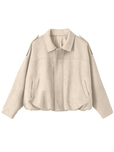 EVALESS Jackets for Women Faux Suede Bomber Jackets Casual Long Sleeve Fall Coats Fashion 2025 Zip Up Cropped Jacket Trendy Winter Warm Outerwear with Pockets Beige X-Large | Amazon (US)