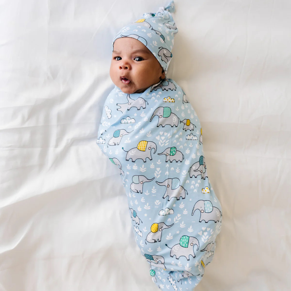 Blue Elephant Snuggles Bamboo Viscose Swaddle + Hat Set | Little Sleepies
