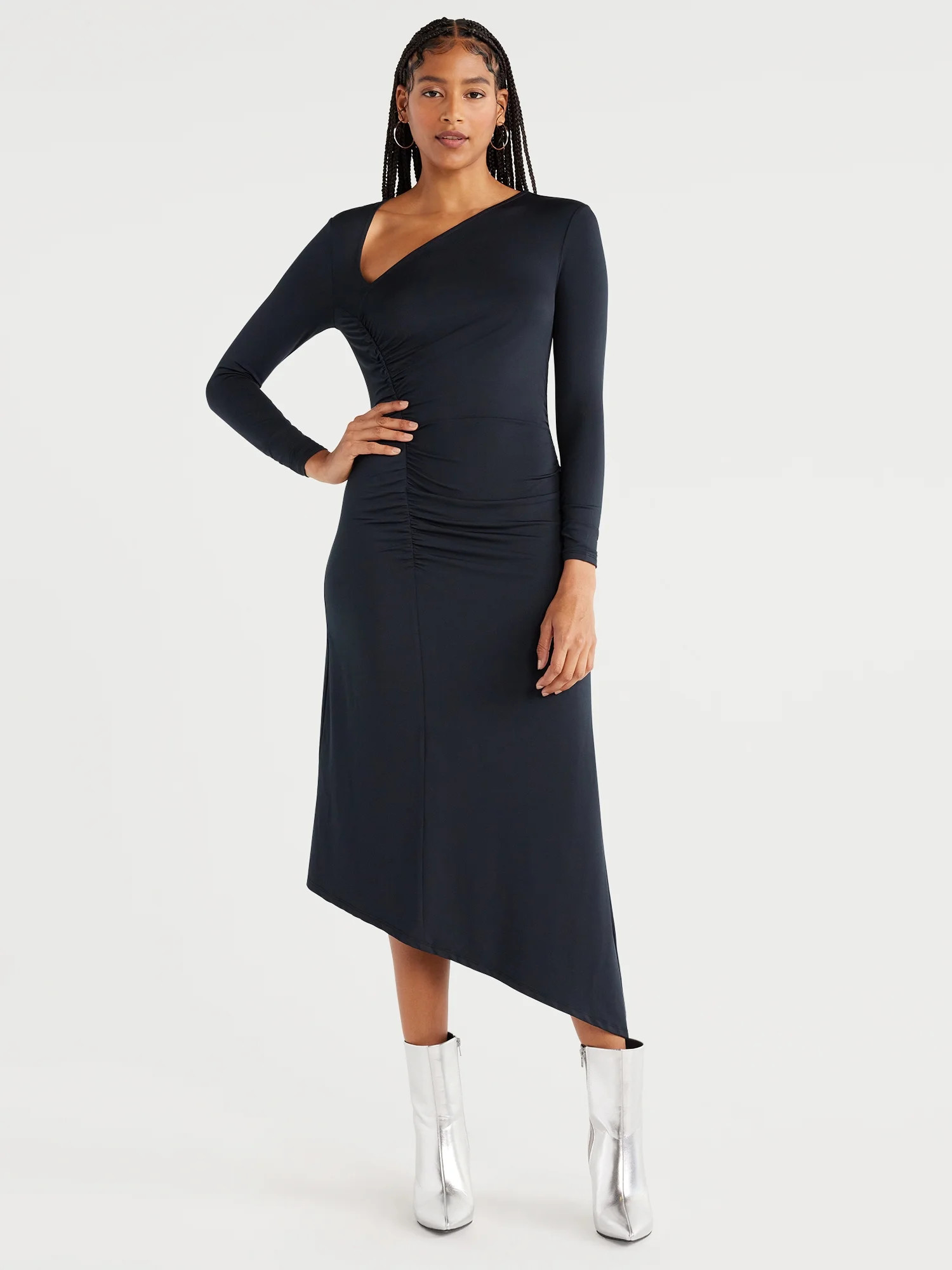 Scoop Women's Asymmetrical Midi Dress with Long Sleeves, Sizes XS-XXL | Walmart (US)