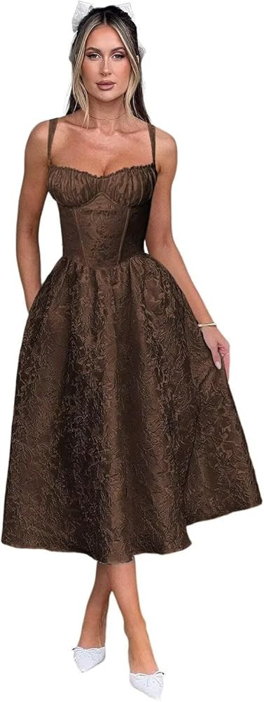 Embroidery Satin Tea Length Prom Dress Spaghetti Straps Jacquard Floral Midi Cocktail Party Froma... | Amazon (US)