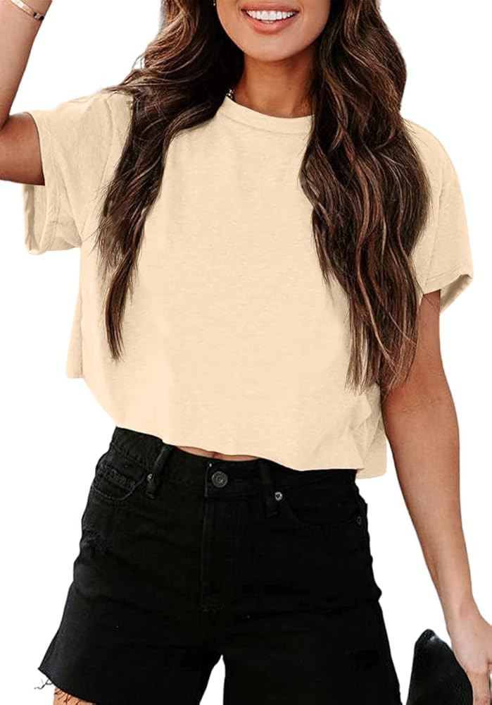 Tankaneo Women Short Sleeve Cropped T-Shirts Crew Neck Loose Crop Tops Summer Casual Drop Shoulde... | Amazon (US)
