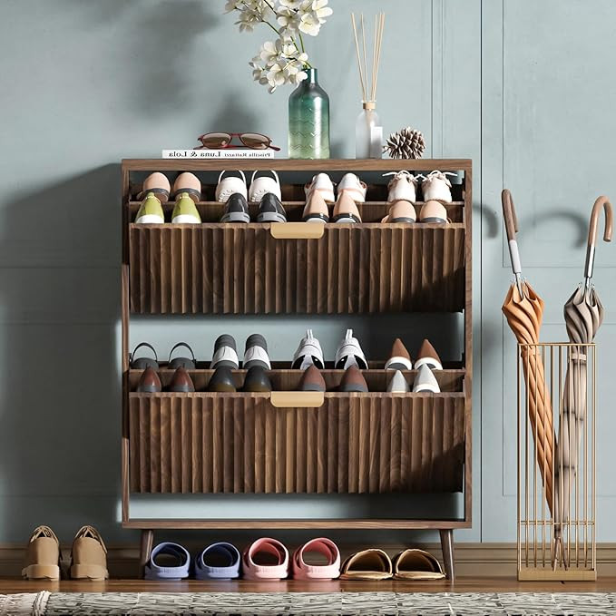 Shoe Cabinet Storage,Modern Freestanding Organizer with 2 Flip Drawers,Narrow Shoe Rack Cabinet f... | Amazon (US)