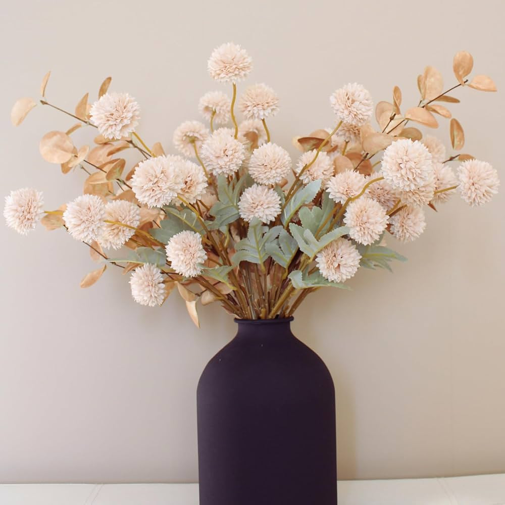 Beige Flowers Artificial + Eucalyptus, Fake Mums Long Stem Flowers, Tan Nude Cream Neutral Flower... | Amazon (US)