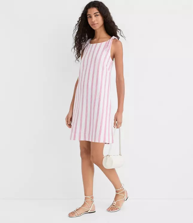Striped Linen Cotton Tie Boatneck Mini Dress | LOFT