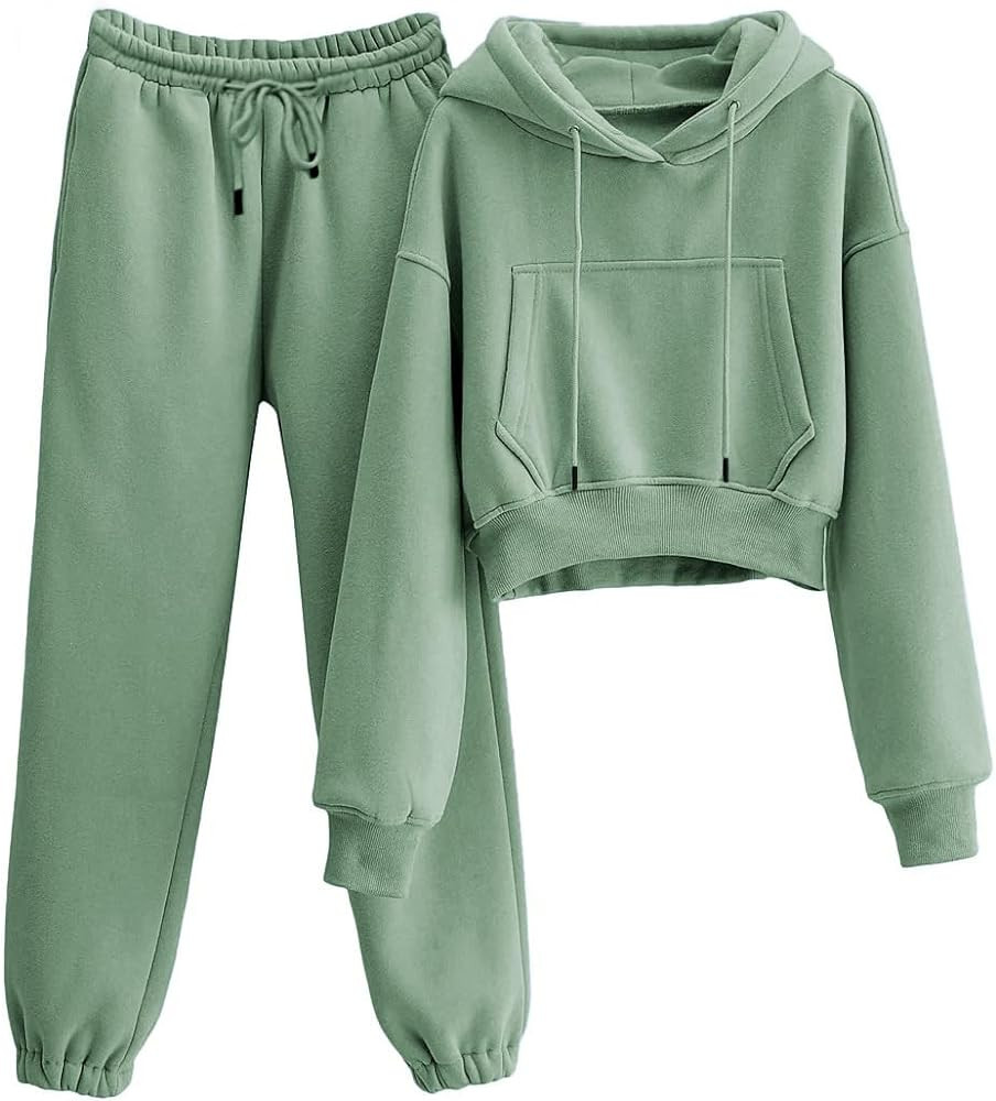 Tanming Women 2 Piece Outfits Sweatsuits Crop Pullover Fleece Sweatshirt Jogger Pants Lounge Set | Amazon (US)