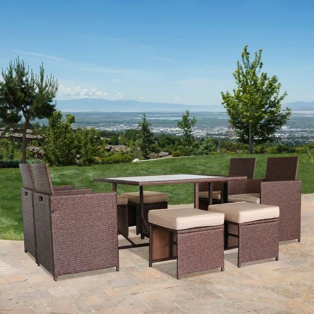 Patio Dining Set Seats 6, 7 Piece Outdoor Patio Furniture Set with Glass Dining Table, All-Weathe... | Walmart (US)