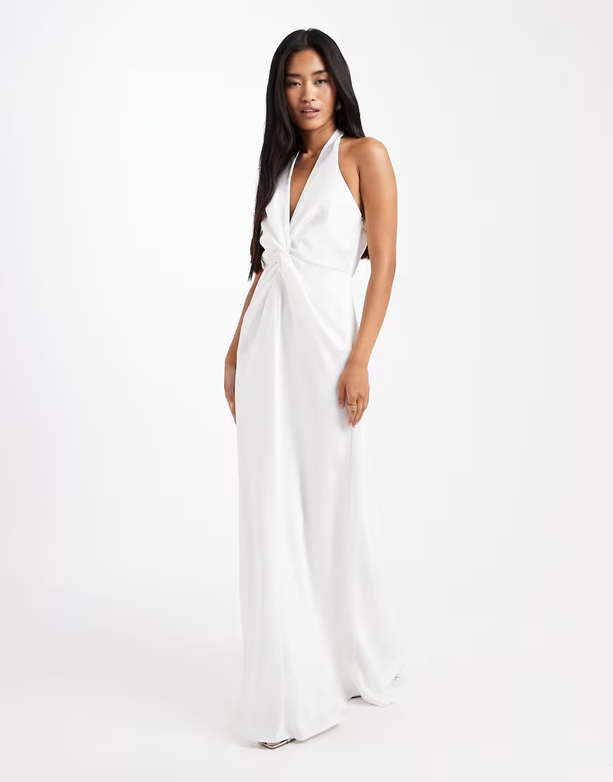 Six Stories Bridal scarf halter neck twist front satin maxi dress in white | ASOS (Global)