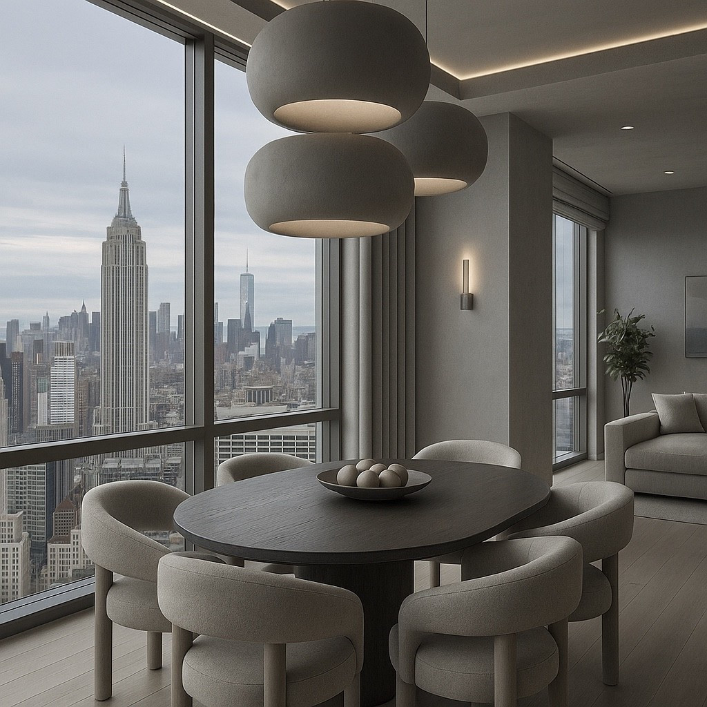 A stunning modern dining room featuring a sculptural round table, soft neutral chairs, oversized dome pendant lights, and an incredible skyline view.
Perfect inspiration for luxury apartment decor, modern dining spaces, and neutral interior lovers.
Save this if you adore soft neutrals, clean lines, and city-chic minimalism. #moderndiningroom
#neutralhome
#luxuryinteriors
#cityviewapartment
#diningroominspo
#beigeaesthetic
#modernfurniture
#minimalistdecor
#apartmentinteriors
#neutralinteriors
#softneutrals
#modernhomeaesthetic
#interiordesigninspo
#warmneutrals
#cleaninteriors
