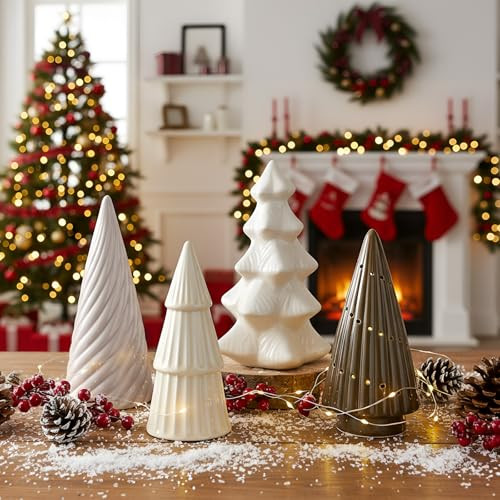 Wesiti 4 Pcs Ceramic Christmas Tree Decor, White Porcelain Figurine Decor for Xmas Table Centerpiece 6 in Modern Ceramic Christmas Tree for Home Fireplace Desktop Tabletop Mantel Cabinets | Amazon (US)
