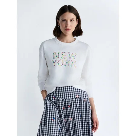 Free Assembly Women's and Women's Plus Embroidered Shrunken Sweatshirt with Long Sleeves, Sizes XS-4X | Walmart (US)