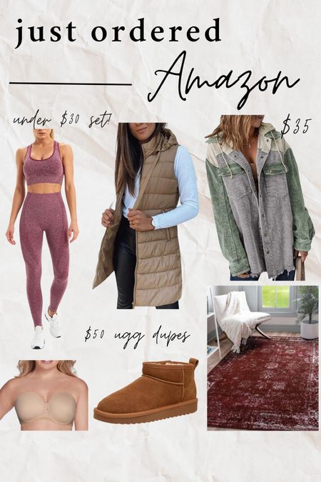 My recent order from Amazon 🫶 ordered a size large in the workout set, puffer vest, and shacket! Can’t wait to wear them all Fall long along with the ugg dupes🥰 

#LTKunder100 #LTKSeasonal #LTKstyletip