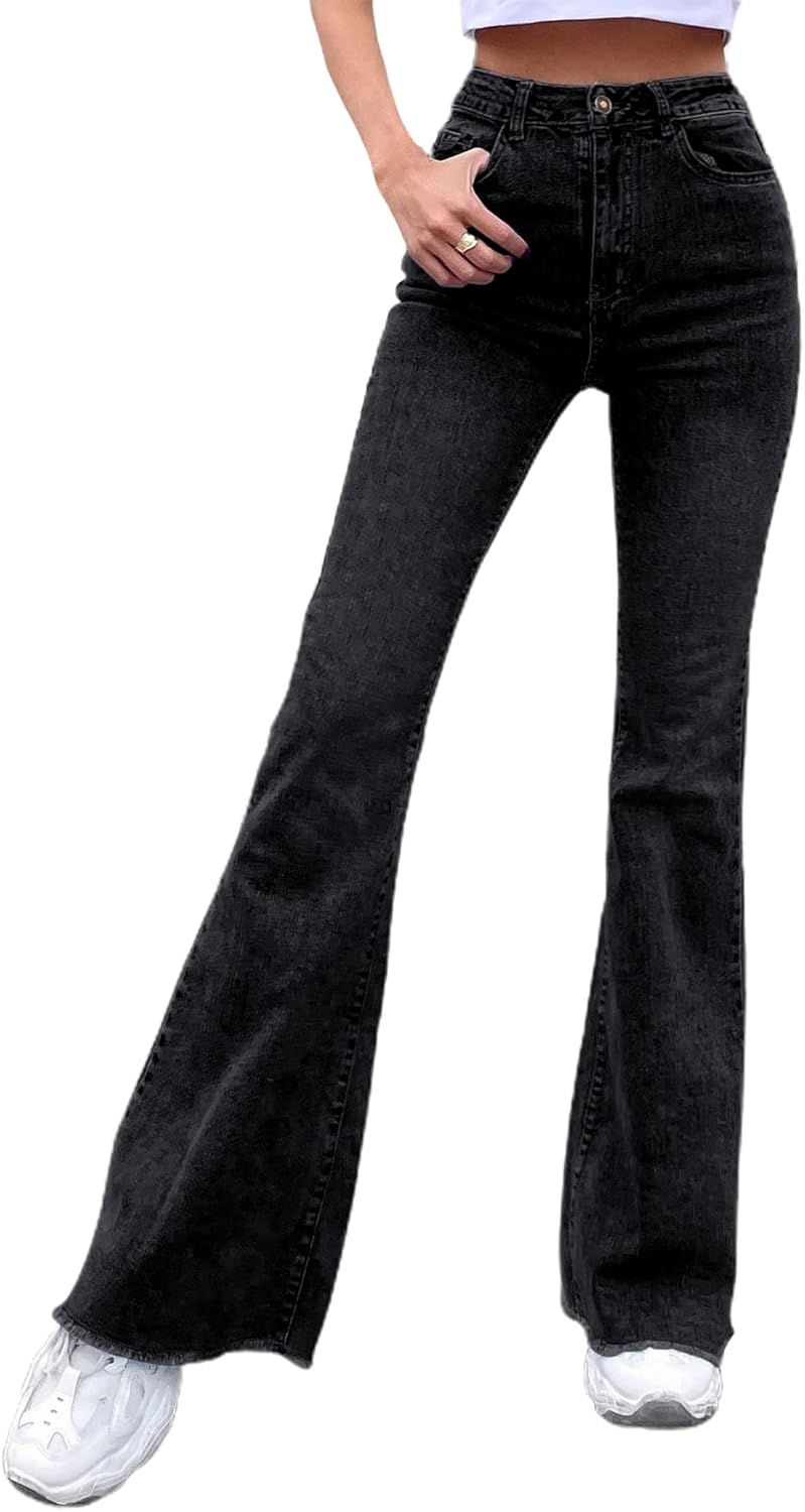 Floerns Women's High Waisted Flare Jeans Frayed Raw Hem Bell Bottom Denim Pants | Amazon (US)