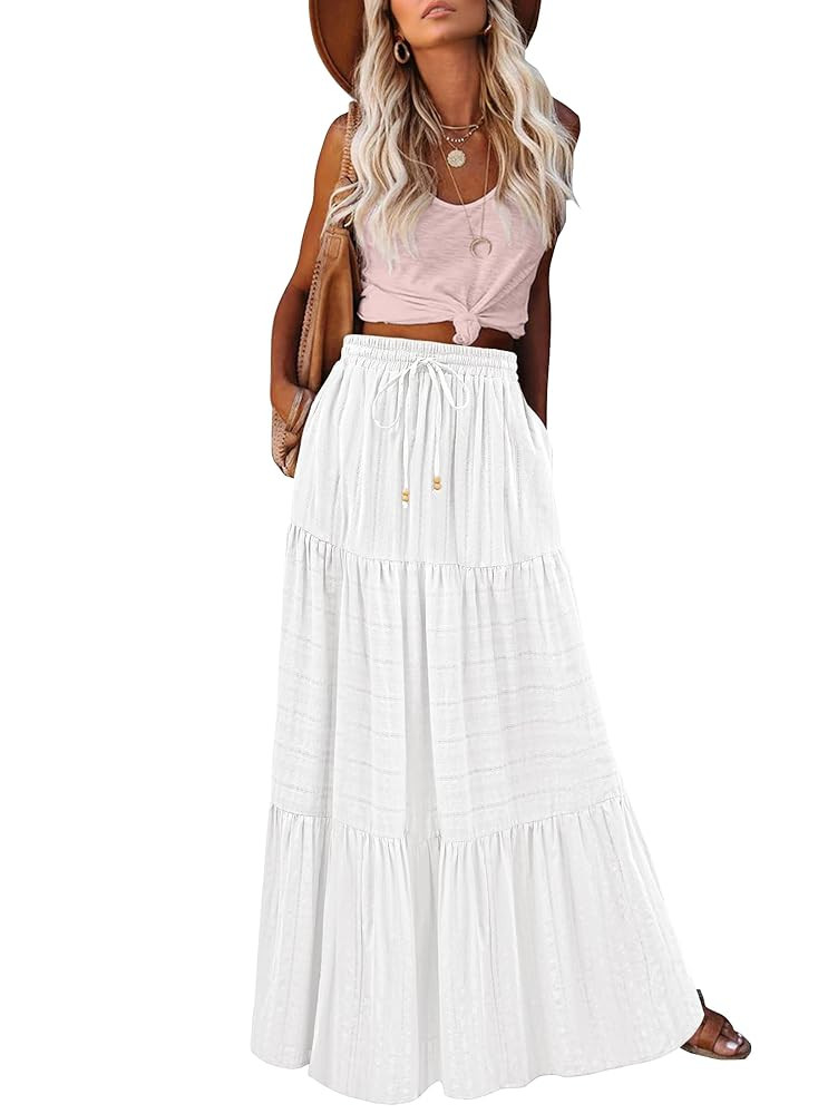 HAEOF Women's Summer Boho Maxi Skirt A-Line Flowy Ruffle Tiered Elastic High Waist Beach Long Ski... | Amazon (US)