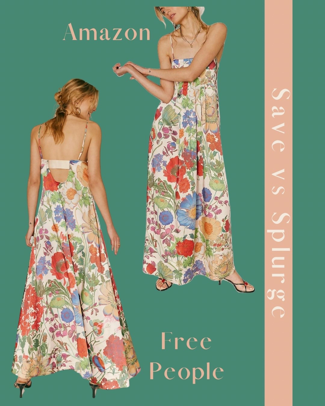 Amazon vs free people save vs splurge, free people dupe, knock off, summer maxi dress, floral maxi#LTKSummerEdit 

#LTKStyleTip #LTKFindsUnder50