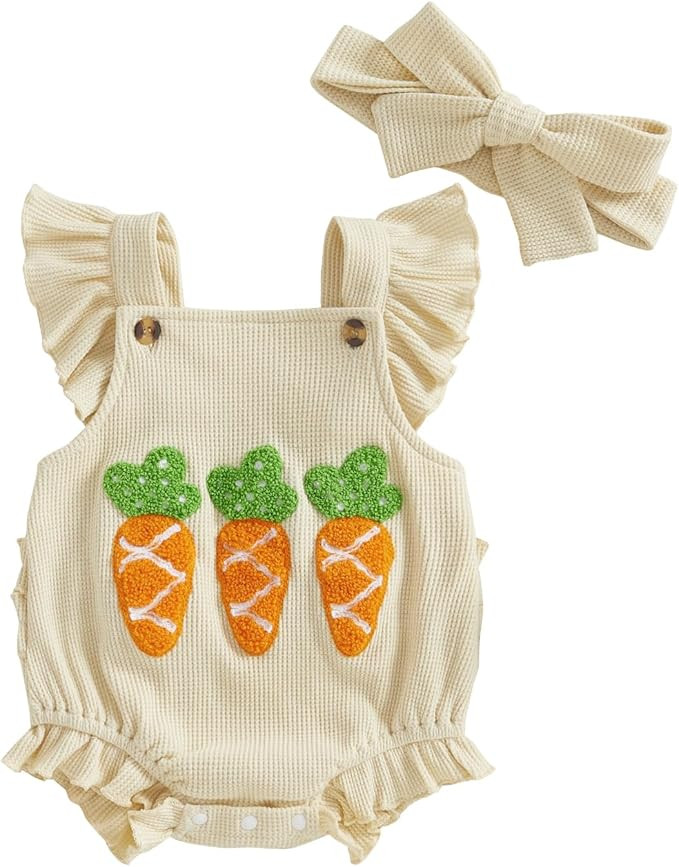 Lamuusaa Newborn Baby Girl Easter Outfit Carrot Embroidery Romper Waffle Ruffle Bodysuit Headband... | Amazon (US)