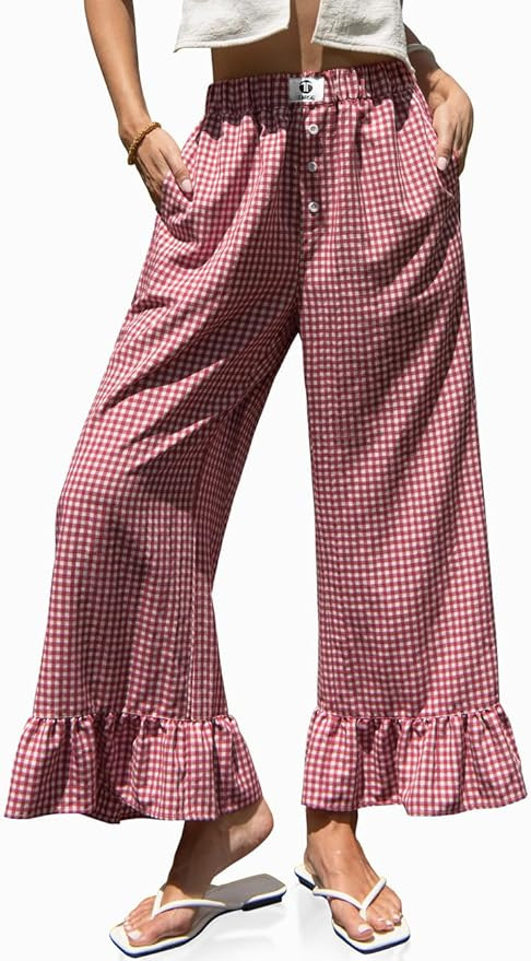TARSE Women’s Plaid Wide Leg Pants Flared Leg Baggy Drawstring Ruffle Palazzo Pants with Pocket... | Amazon (US)