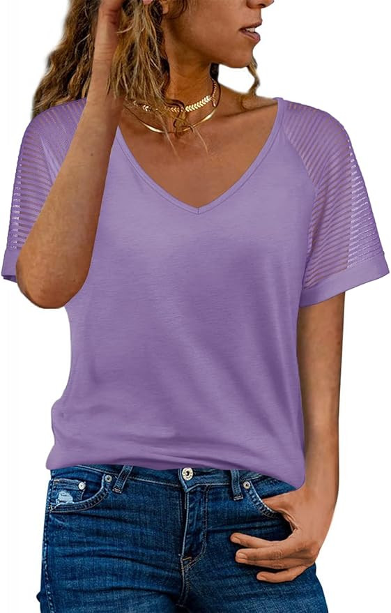 WEESO Casual V Neck T Shirts for Women Mesh Short Sleeve Dressy Tops | Amazon (US)