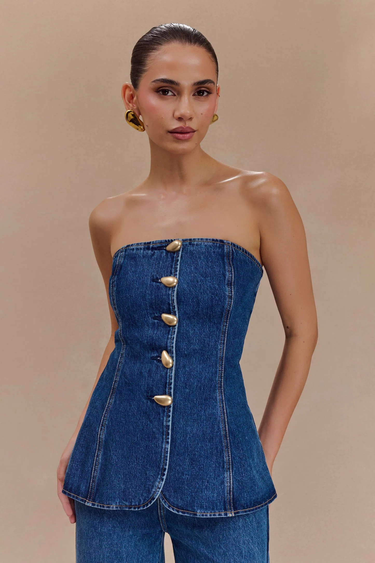 Strapless Long Line Button Top - Dark Blue | MESHKI US