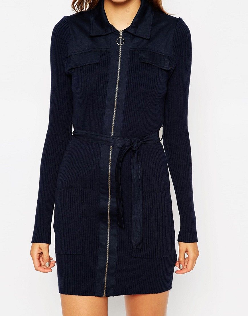 ASOS Knit Shirt Dress With Woven Details and Zip Front | ASOS UK